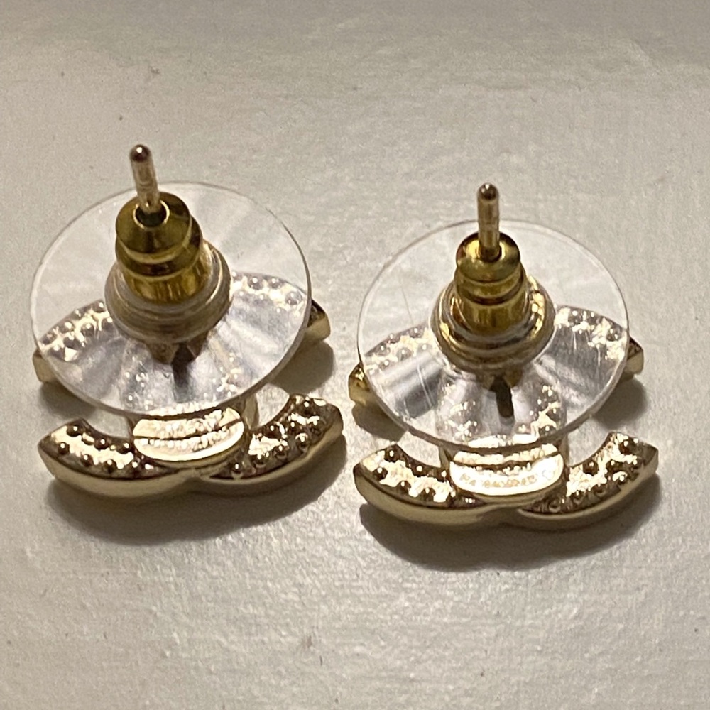 Chanel Gold Metal and Silver Crystal Mini Tiny Classic Stud Earrings - Picture 4 of 10